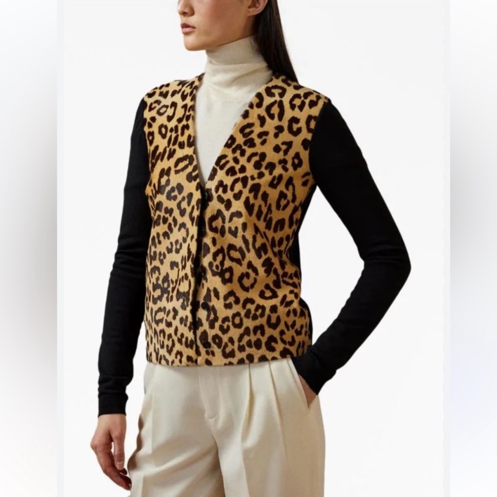 Ralph Lauren purple label leopard-pattern knit cardigan sweater size L